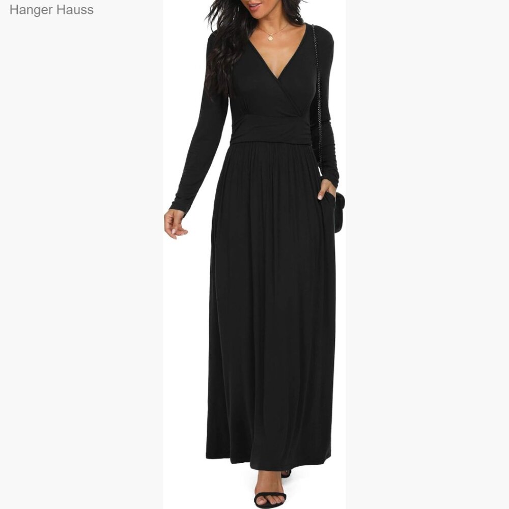 Long Sleeve Deep V Neck Maxi Dress, Rayon Spandex, Side Pockets, Floor Length